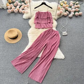 Estate Bohemian volant cinturino a strati collo slash top corti + pantaloni a gamba larga pieghettati vacanza al mare set da 2 p