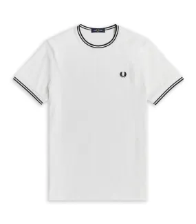 T-Shirt Fred Perry  Collo Rigato Bianco Uomo